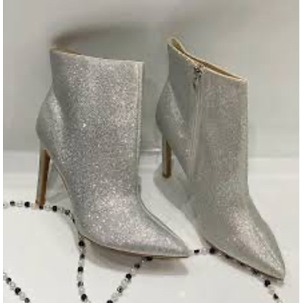 Nine West Silver Glitter Ankle Boots Pointed Toe Stiletto Heel WNTIPSYN3-C  9M